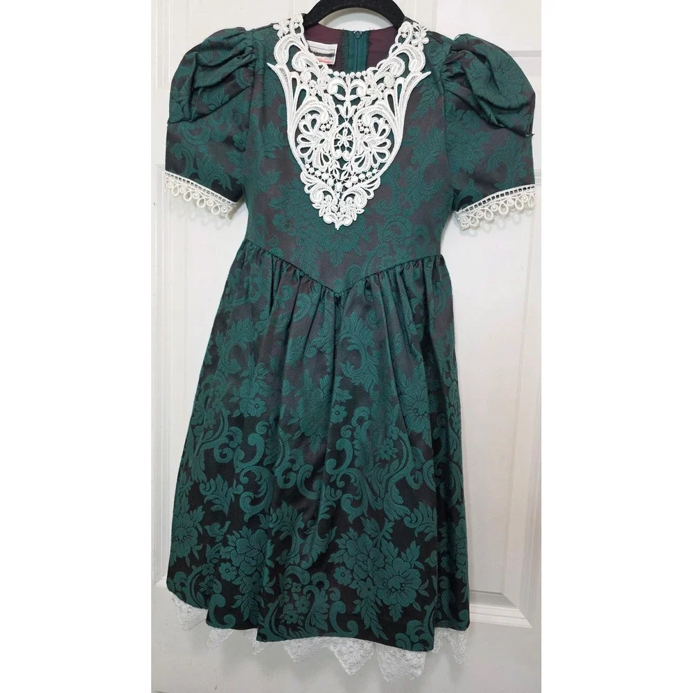 VTG Jessica McClintock Y2k Bridal Dress Girls 6 Green Damask Lace‎ Holiday Party